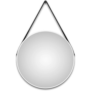 Runder DSK Design Wandspiegel Silver Coiffeur, Ø 80 cm, mit weißem Rahmen und Lederband.