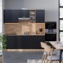 Moderne Vicco Küchenzeile in Schwarz/Goldkraft Eiche mit Marmor Arbeitsplatte, 280 cm breit.