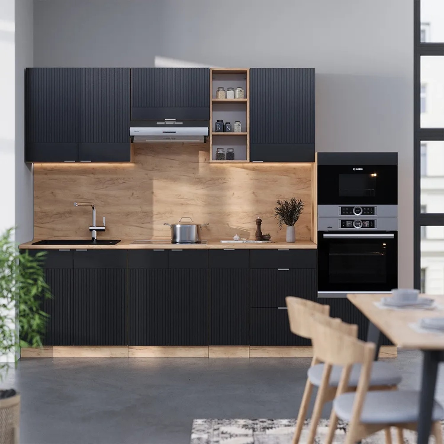 Moderne Vicco Küchenzeile in Schwarz/Goldkraft Eiche mit Marmor Arbeitsplatte, 280 cm breit.
