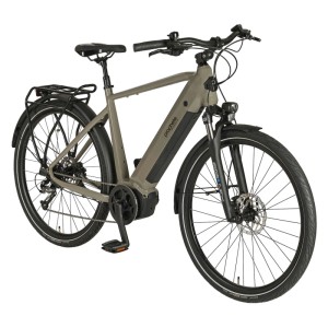 Blaues Prophete Trekking E-Bike Entdecker 3.0 Herrenrad mit AEG Mittelmotor und Gepäckträger.
