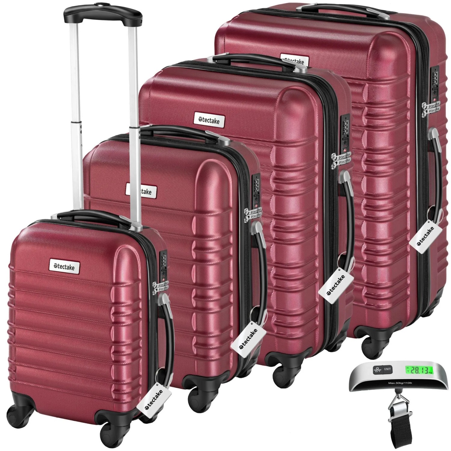 Tectake Hartschalenkoffer Set Mila 4 Teilig Aus Robustem Abs Kunststoff Inkl  Kofferwaage und  Anhänger  Mit Teleskopgriff  32 x 50 x 76 cm Weinrot