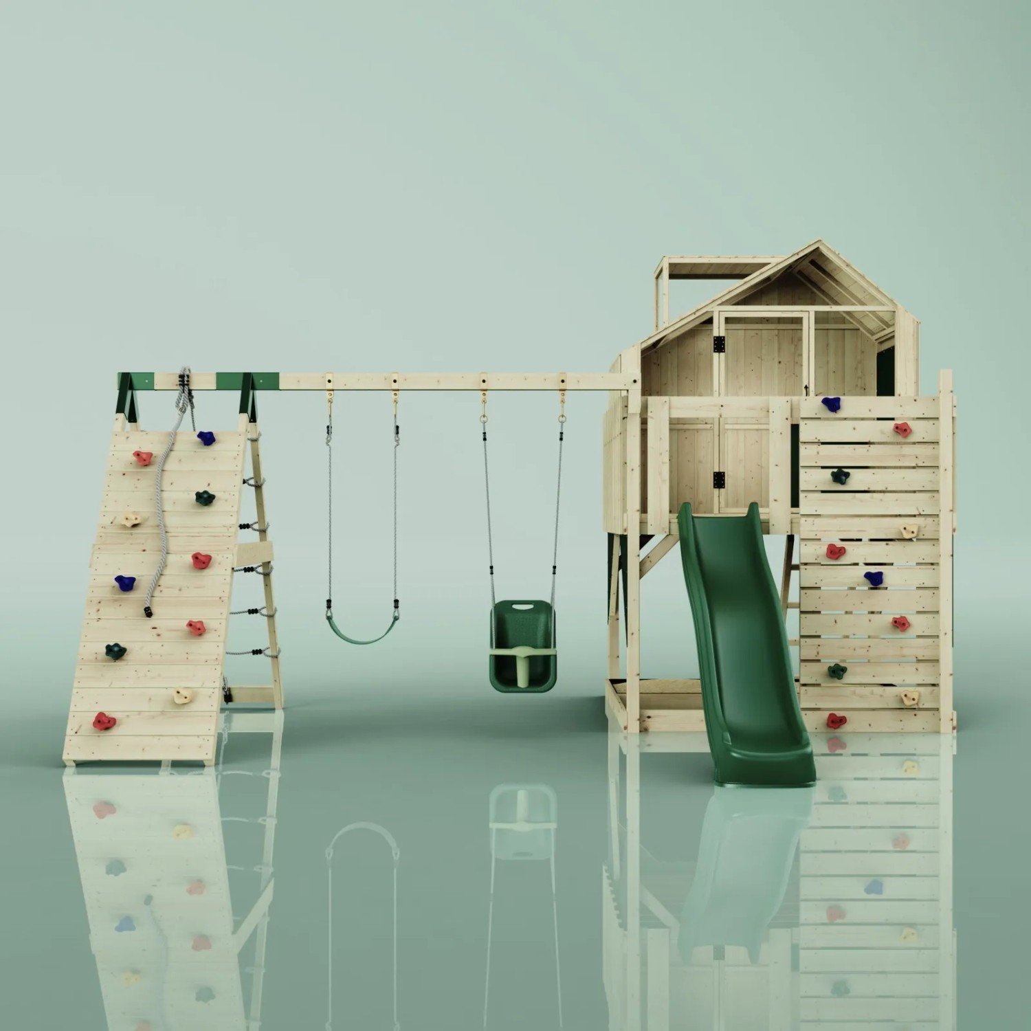 OutdoorToys Spielturm Oscar mit Babyschaukel, Kletterwand und Rutsche aus Holz, dunkelgrün.