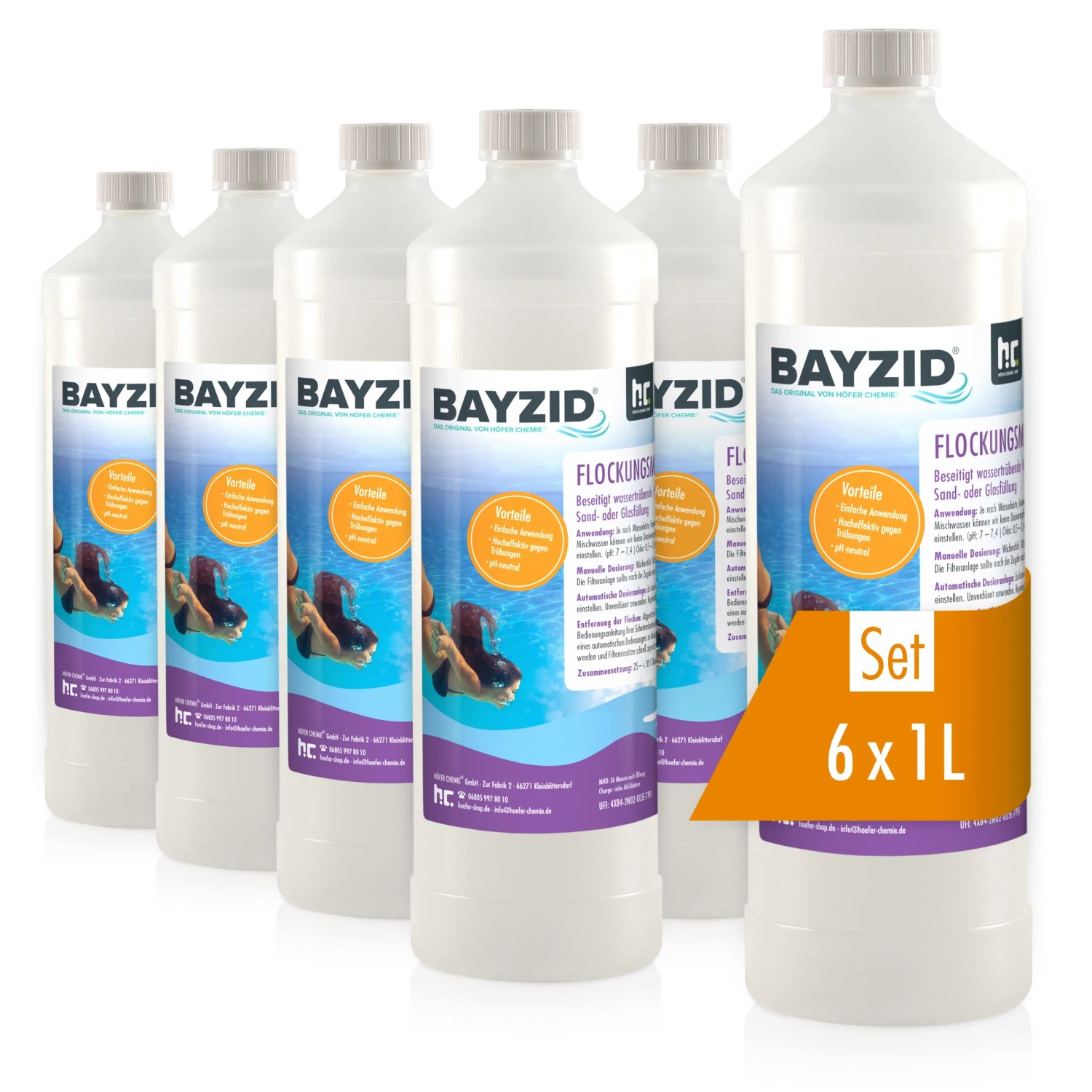 Bayzid Flockungsmittel flüssig, 6 x 1 Liter, für Pools mit Sandfilteranlagen.