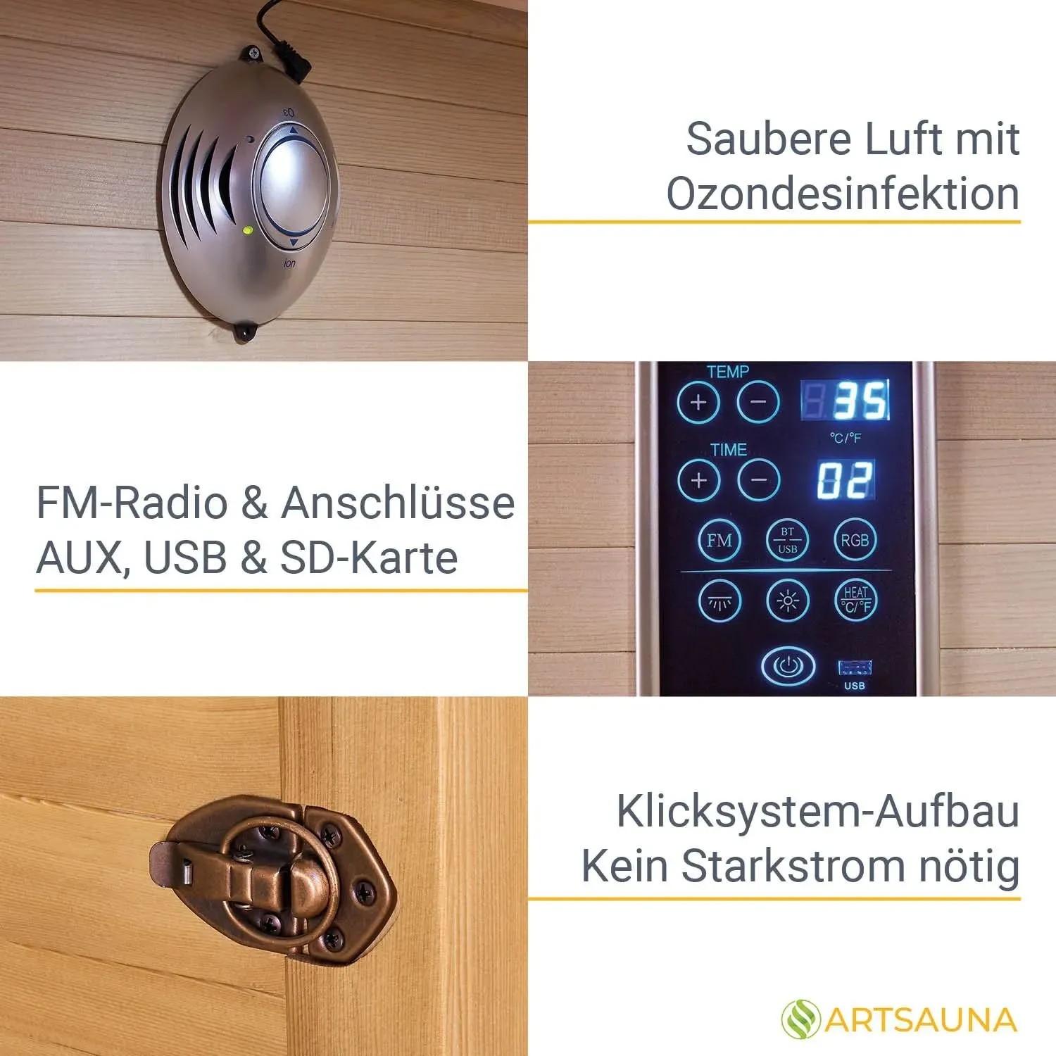 Details der Artsauna Infrarotkabine Nyborg S120K: Bedienfeld, Türverschluss, Ionisator.