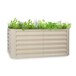 Blumfeldt High Grow Straight Hochbeet, 120x60x60 cm, Stahl, sandfarben, bepflanzt mit Kräutern.