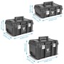 STAHLWERK Werkzeugtrolley mit 3 Systemboxen in verschiedenen Größen und Maßangaben.