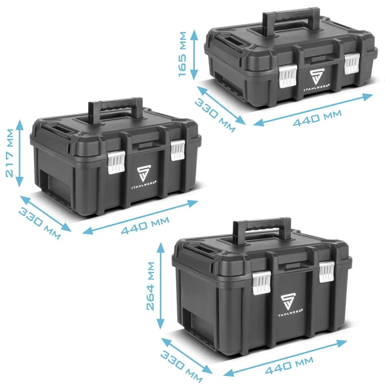 STAHLWERK Werkzeugtrolley mit 3 Systemboxen in verschiedenen Größen und Maßangaben.