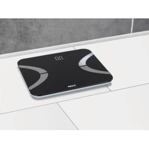 Wenko Analysewaage LED Bluetooth, schwarze Glas-Personenwaage mit digitaler Anzeige.