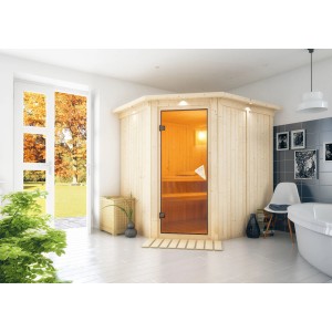 Karibu Sauna Livia mit LED-Dachkranz in Natur, Eckeinstieg und Bronzeglastür.