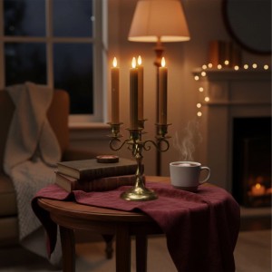 Vier kaffeefarbene Relaxdays LED Stabkerzen aus Echtwachs, flackernd, flammenlos, in Messing-Kerzenständer.