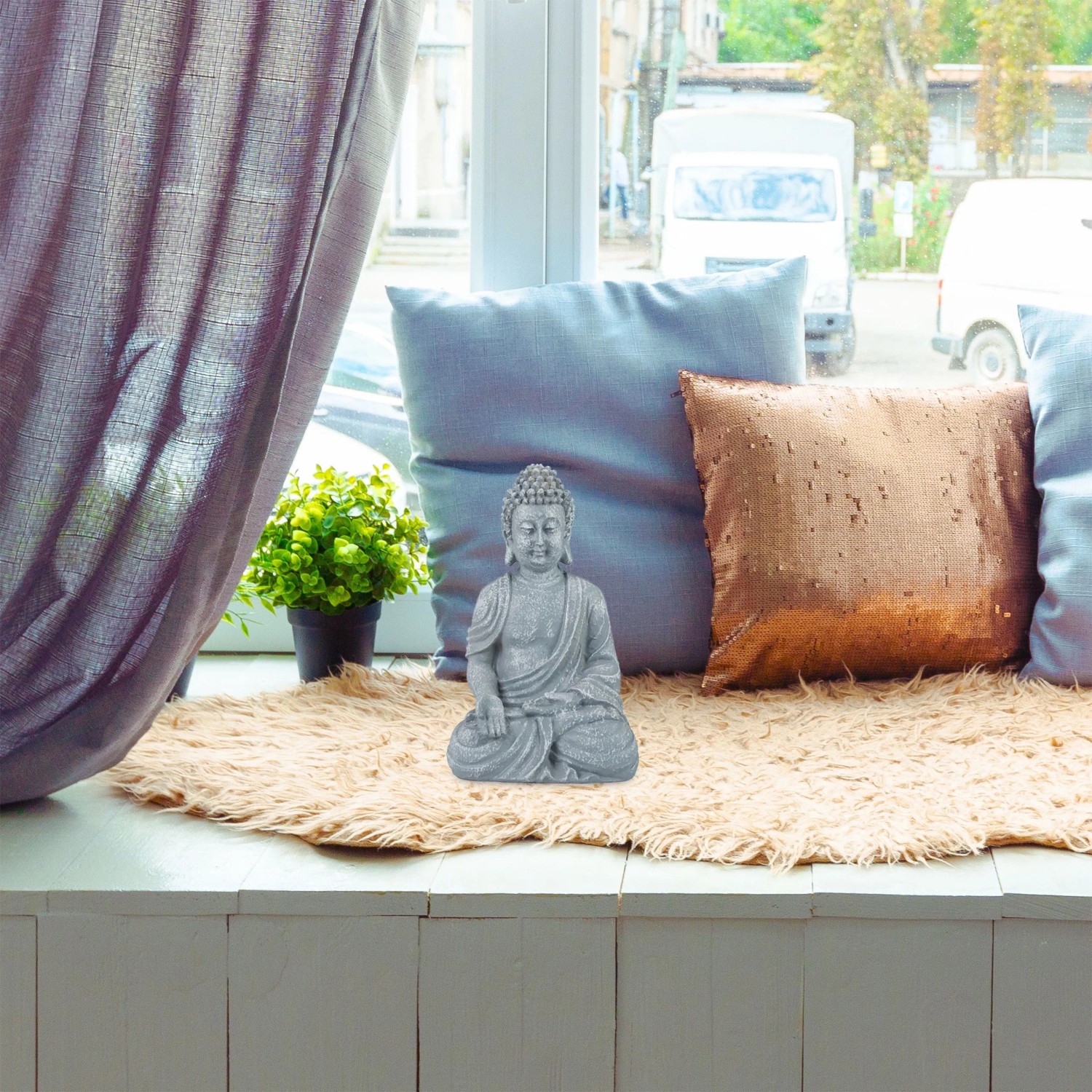 Relaxdays Buddha Figur Sitzend Polyresin Hellgrau Wetterfest Frostsicher 30 cm x 18 cm x 11 cm 650 g_2