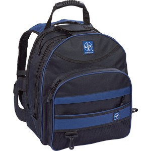 Schwarzer LUX Werkzeugrucksack aus Nylon mit blauen Akzenten und Tragegriff.