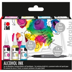 Marabu Alcohol Ink Set Flowers: 3 Farben, Marker, 5 Spezialpapiere für kreative Effekte.
