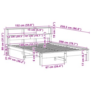 vidaXL Massivholzbett 140x200 cm aus unbehandeltem Kiefernholz mit Lattenrost. Technische Zeichnung mit Maßen.