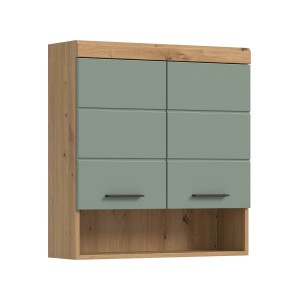 Hängeschrank in Eiche und Salbei, 74x79x24 cm, für Bad und Hauswirtschaftsraum.