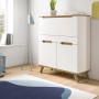Eleganter weißer Sekretär Hygge mit Eiche-Details, skandinavisches Design. Klappe, Türen, konische Holzfüße. Für Homeoffice.