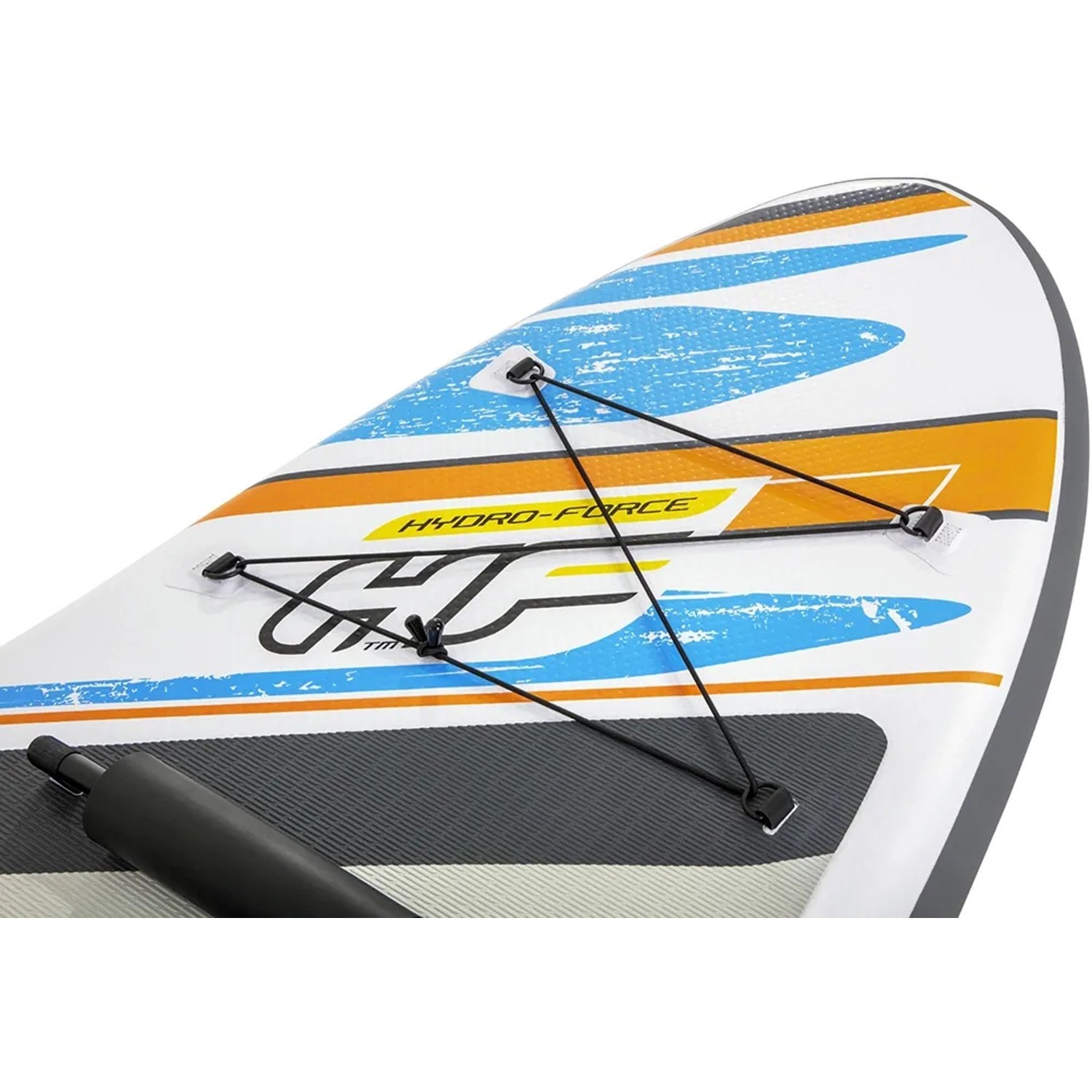 Detailansicht: Hydro-Force White Cap SUP Board mit Gepäcknetz und blau-orangen Akzenten.