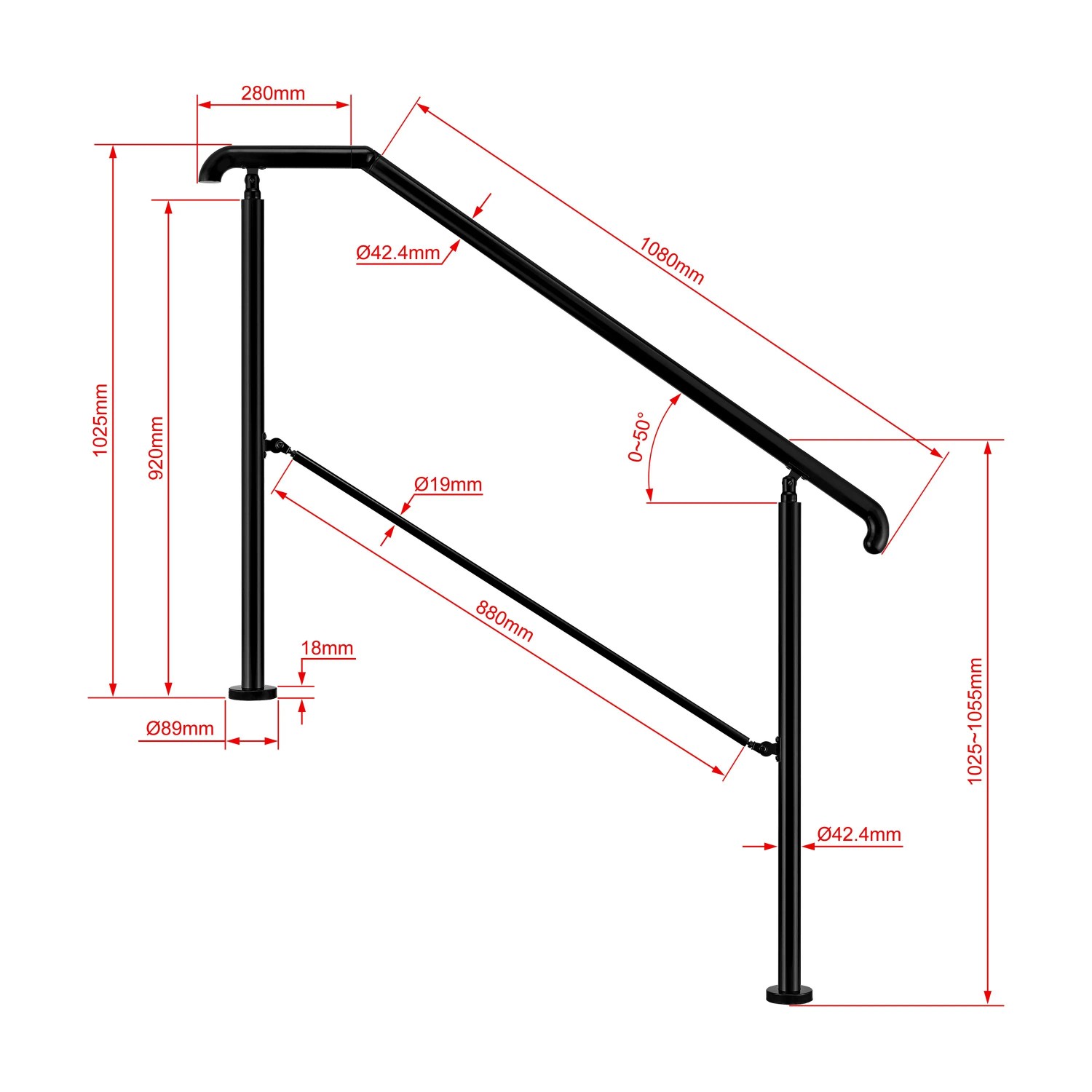 Schwarzes Edelstahl-Eingangsgeländer 136 cm für 2-3 Stufen mit Maßen. Treppen-Handlauf, Zubehör.