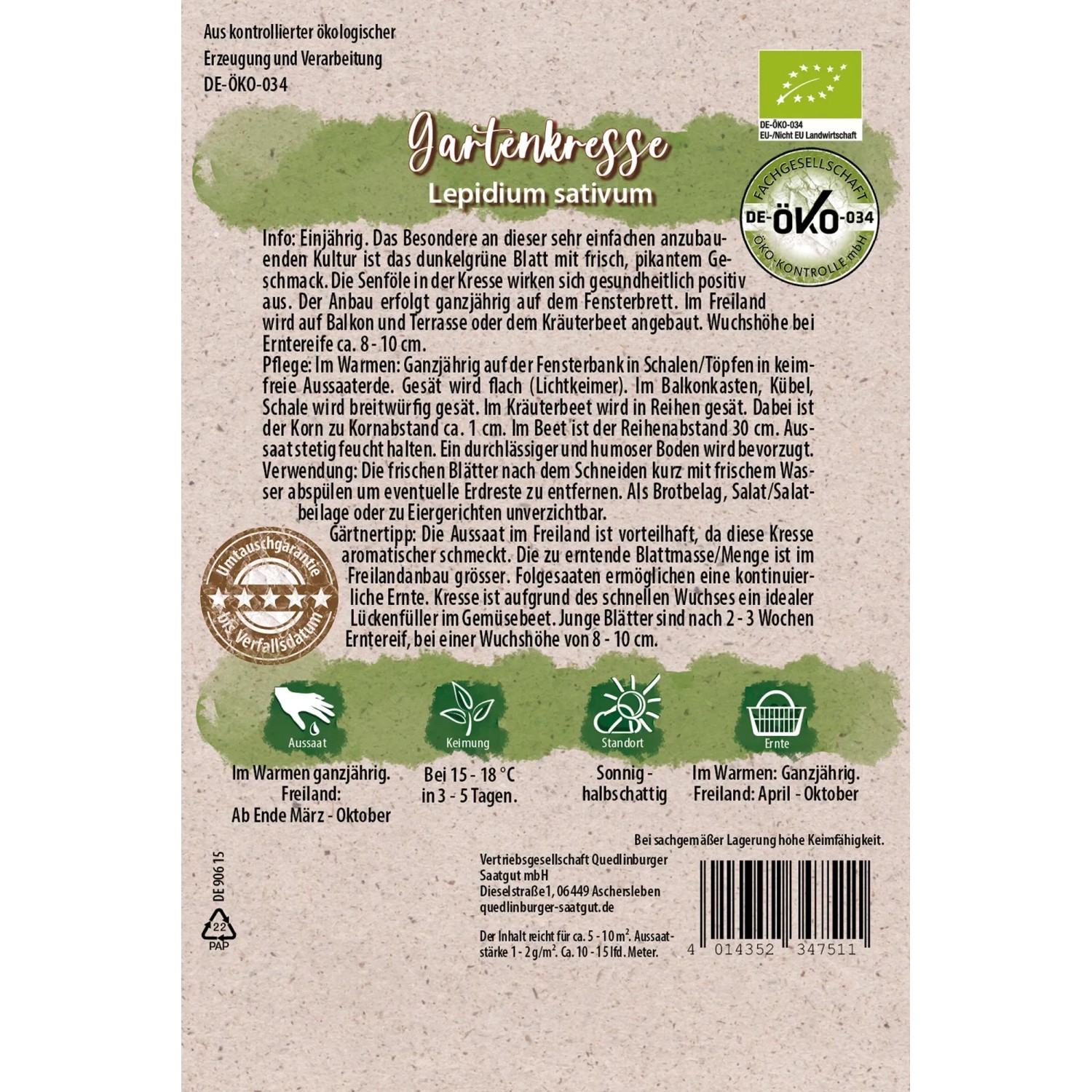 Bio-Gartenkresse Samen von Quedlinburger, einjährige, pikant-würzige Sorte für Beet, Balkon und Fensterbank.