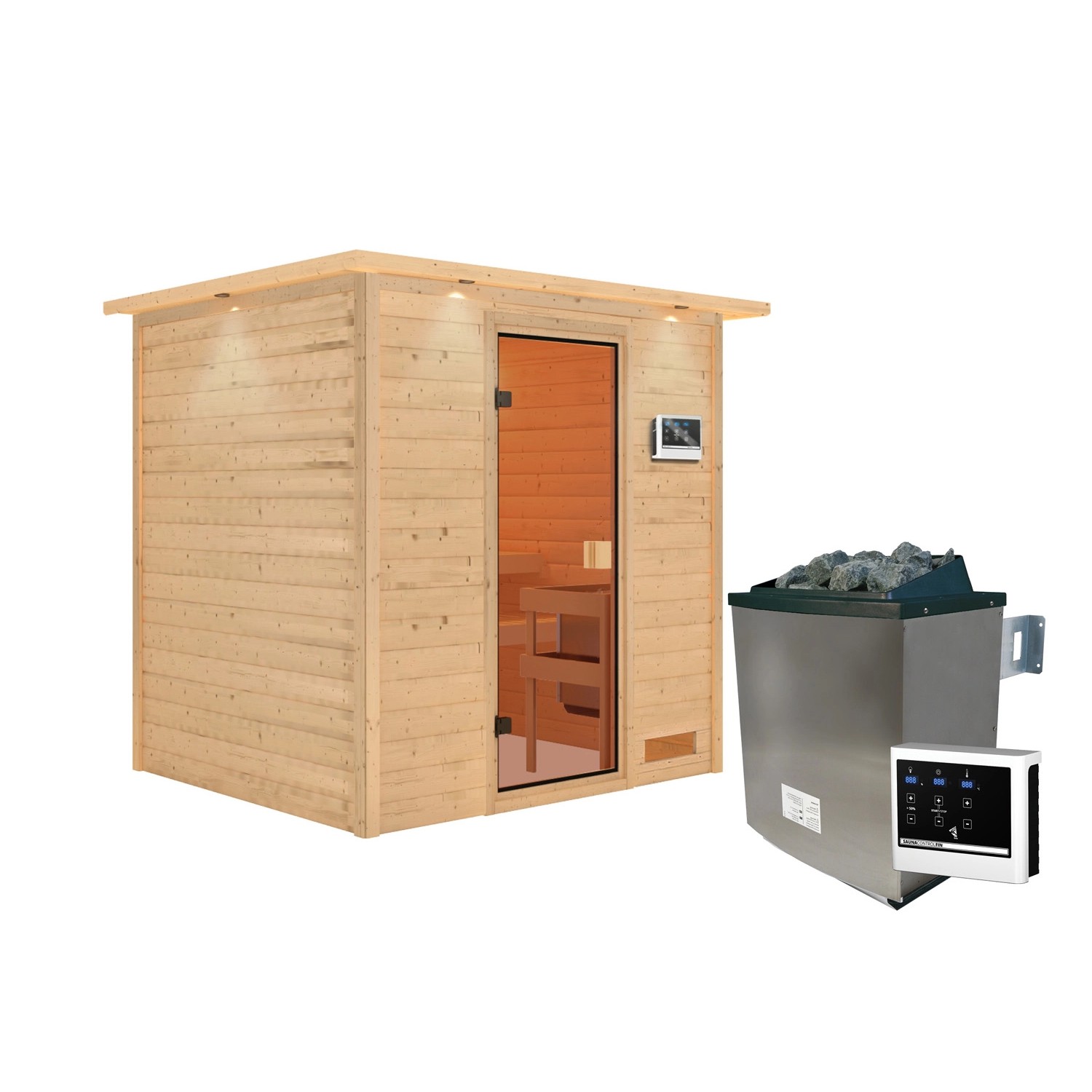 Karibu Sauna Adelina mit Kranz Set Naturbelassen mit Ofen 9 kW integr. Steuerung