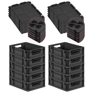 PROREGAL SparSet: 10 schwarze Euroboxen (11L) mit Auflagedeckel. Stapelbare Transportboxen mit offenen Griffen.