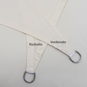 Detailaufnahme: Beige AMANKA Sonnensegel Dreieck, wasserabweisend, mit D-Ring Befestigung.