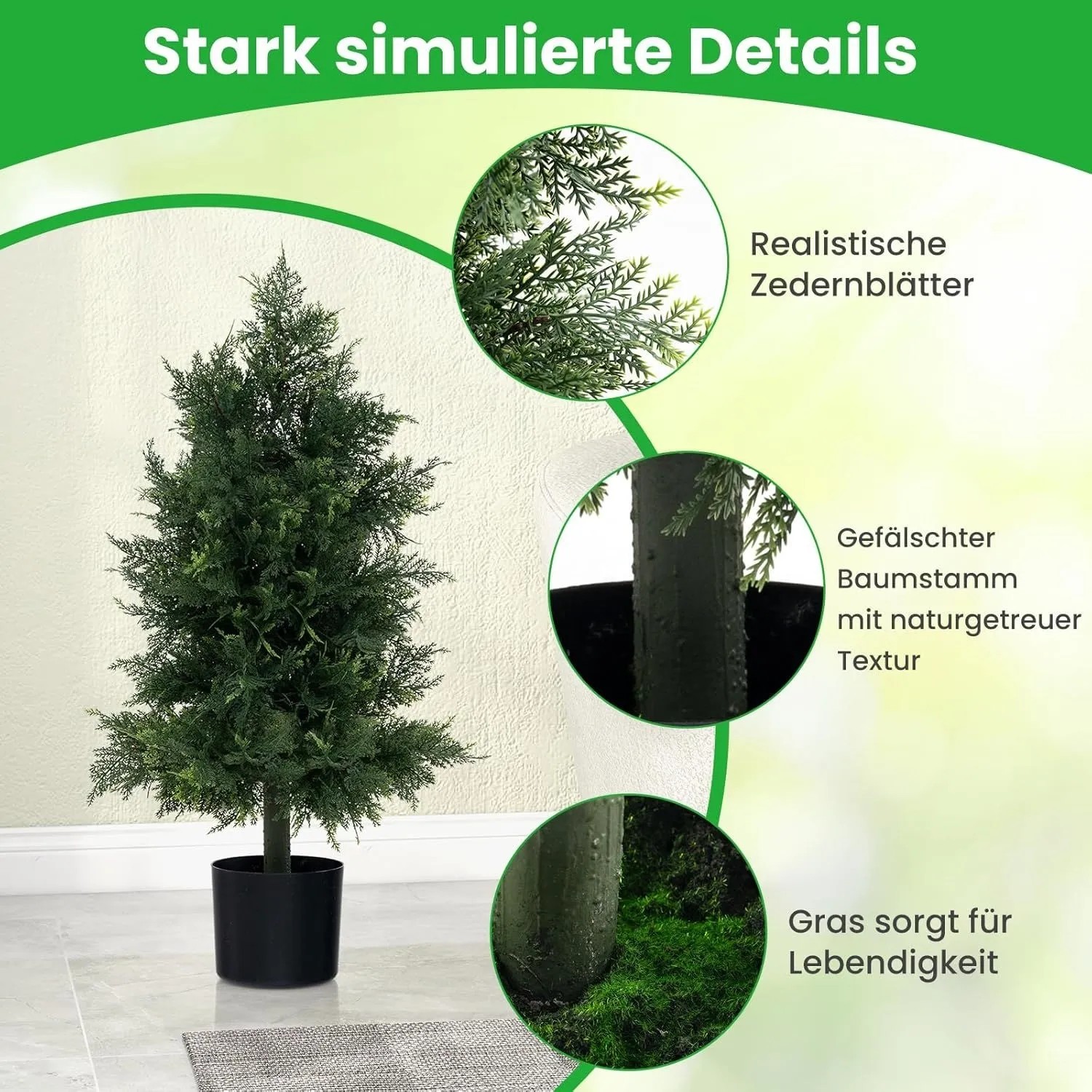 Grüne 80 cm hohe künstliche Zeder im schwarzen Topf, mit realistischen Blättern und naturgetreuem Stamm für Haus & Büro.
