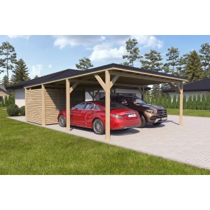 Holzbrüder Doppelcarport Ralf mit Geräteraum, naturbelassen, mit zwei parkenden Autos.