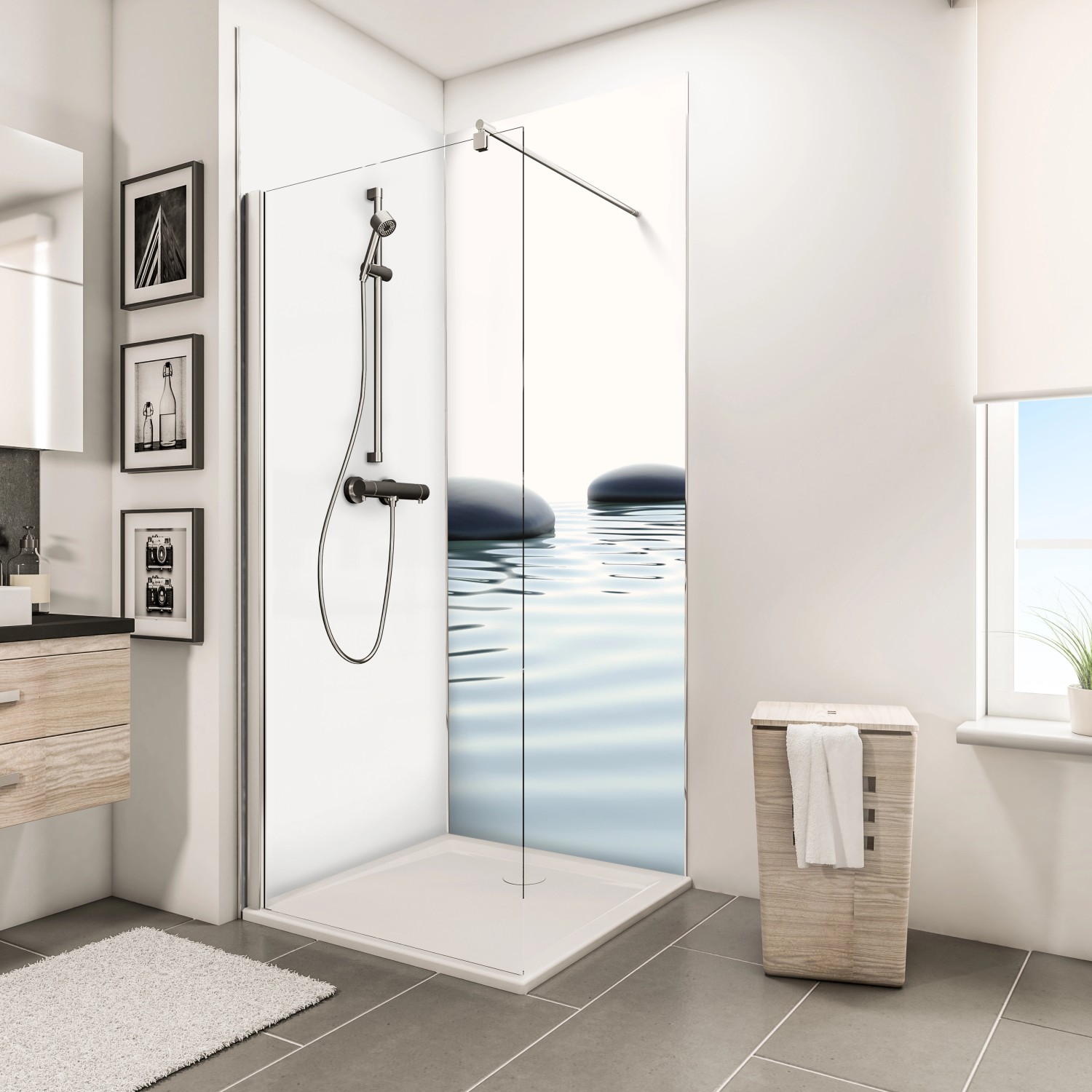 Schulte ExpressPlus Duschrückwand mit Zen Steine & Wasser Motiv im Badezimmer.
