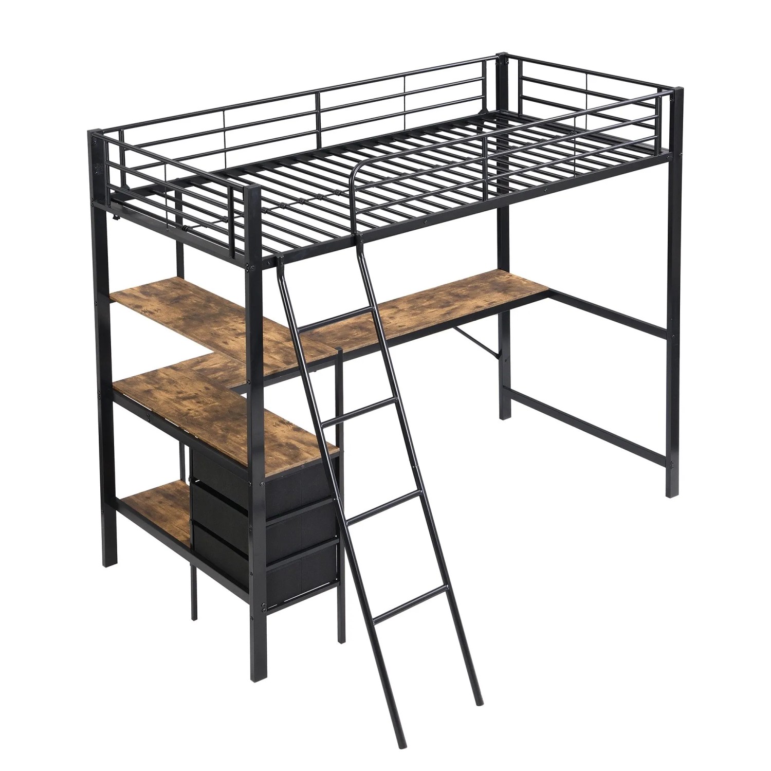 okwish Metall Etagenbett 90x200cm mit Tisch 3 Schubladen Schwarz Walnuss ohne Matratze