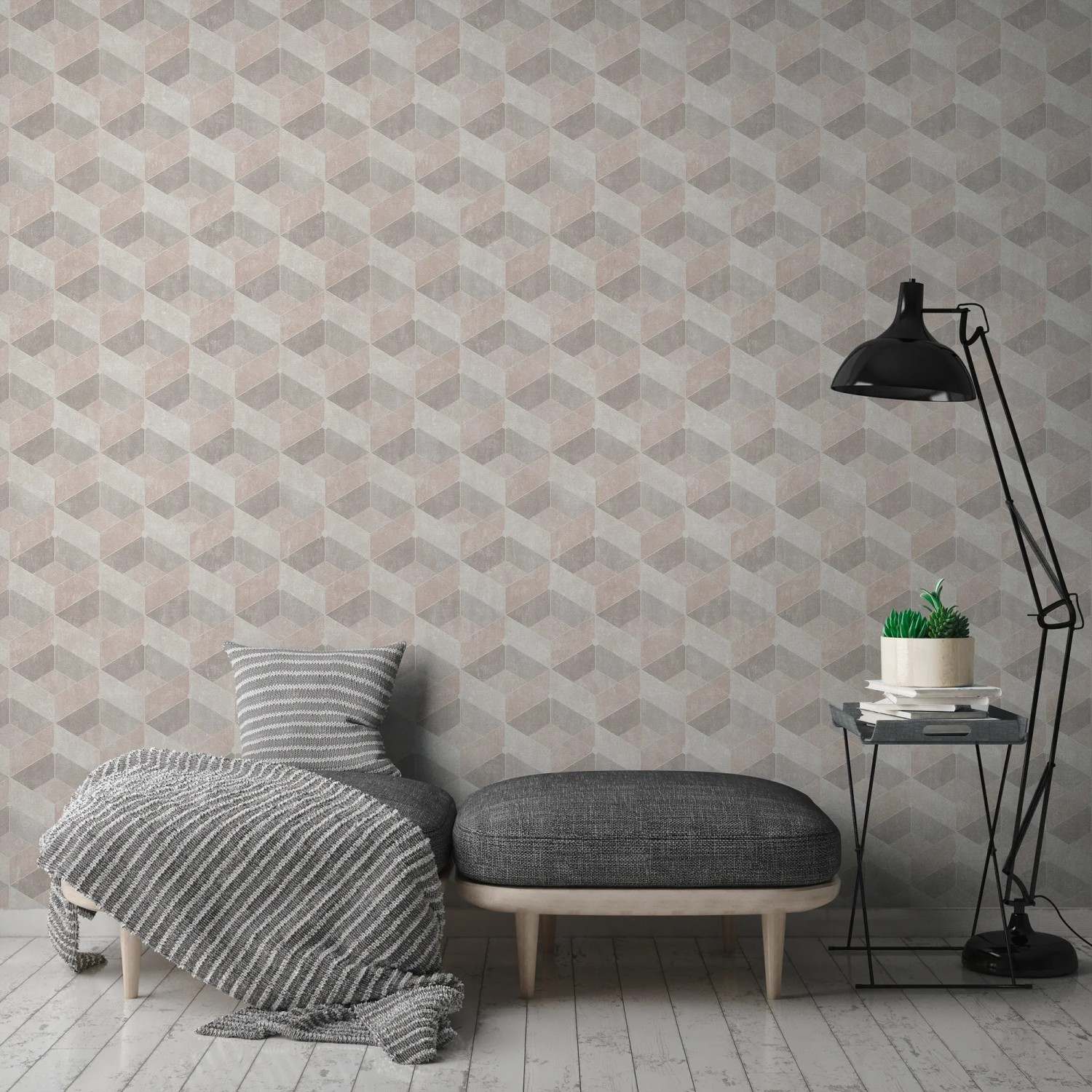 Beige-cremefarbene Vliestapete mit geometrischem 3D-Effekt und Glitzer für Wohnräume.