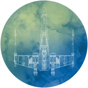 Runde, selbstklebende Disney Tapete mit Star Wars X-Wing Motiv in Blau und Grün.