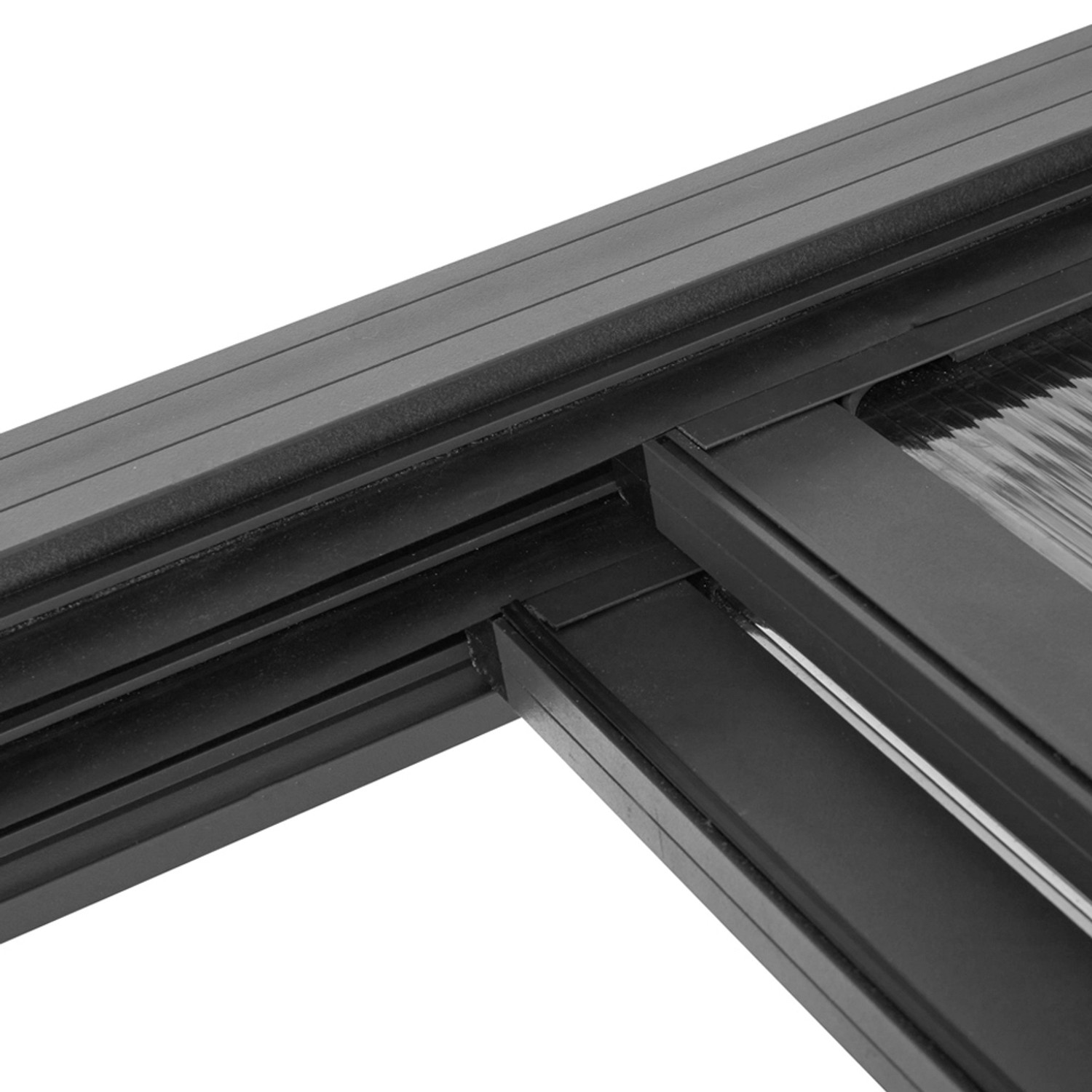 Detailaufnahme der anthrazitfarbenen Home Deluxe Terrassenüberdachung Solis Deluxe, Eckverbindung.
