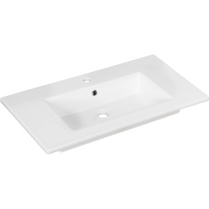 Weißes, eckiges Fackelmann Handwaschbecken B.Perfect, 82 cm breit, aus Keramik mit Hahnloch und Überlauf.