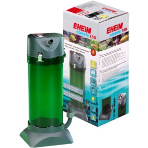 Eheim Classic 150 Außenfilter für Aquarien, grün, mit Zubehör und Verpackung.
