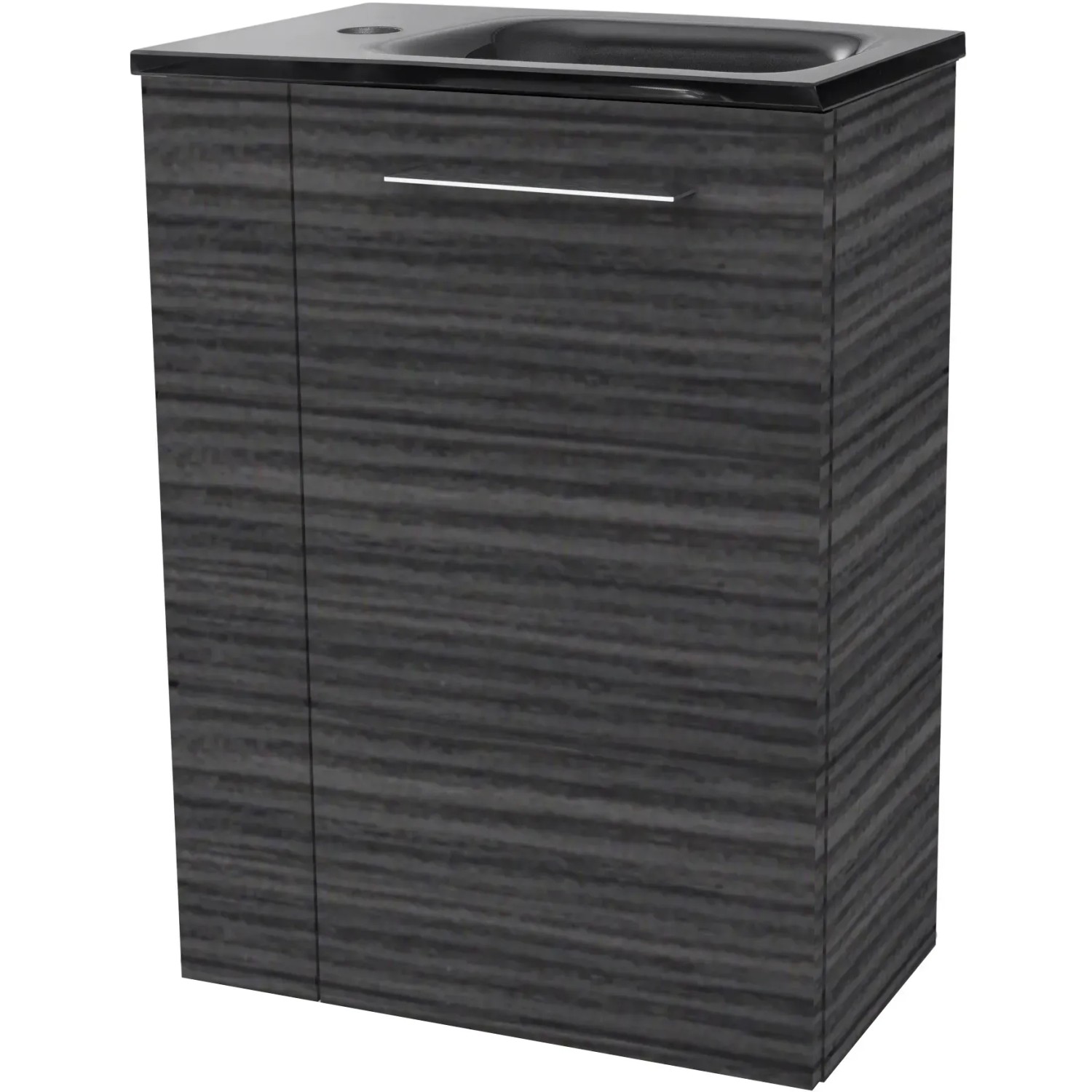 Fackelmann Waschbeckenunterschrank SBC Dark Oak, 44 cm breit, mit einer Tür und schwarzem Waschbecken.