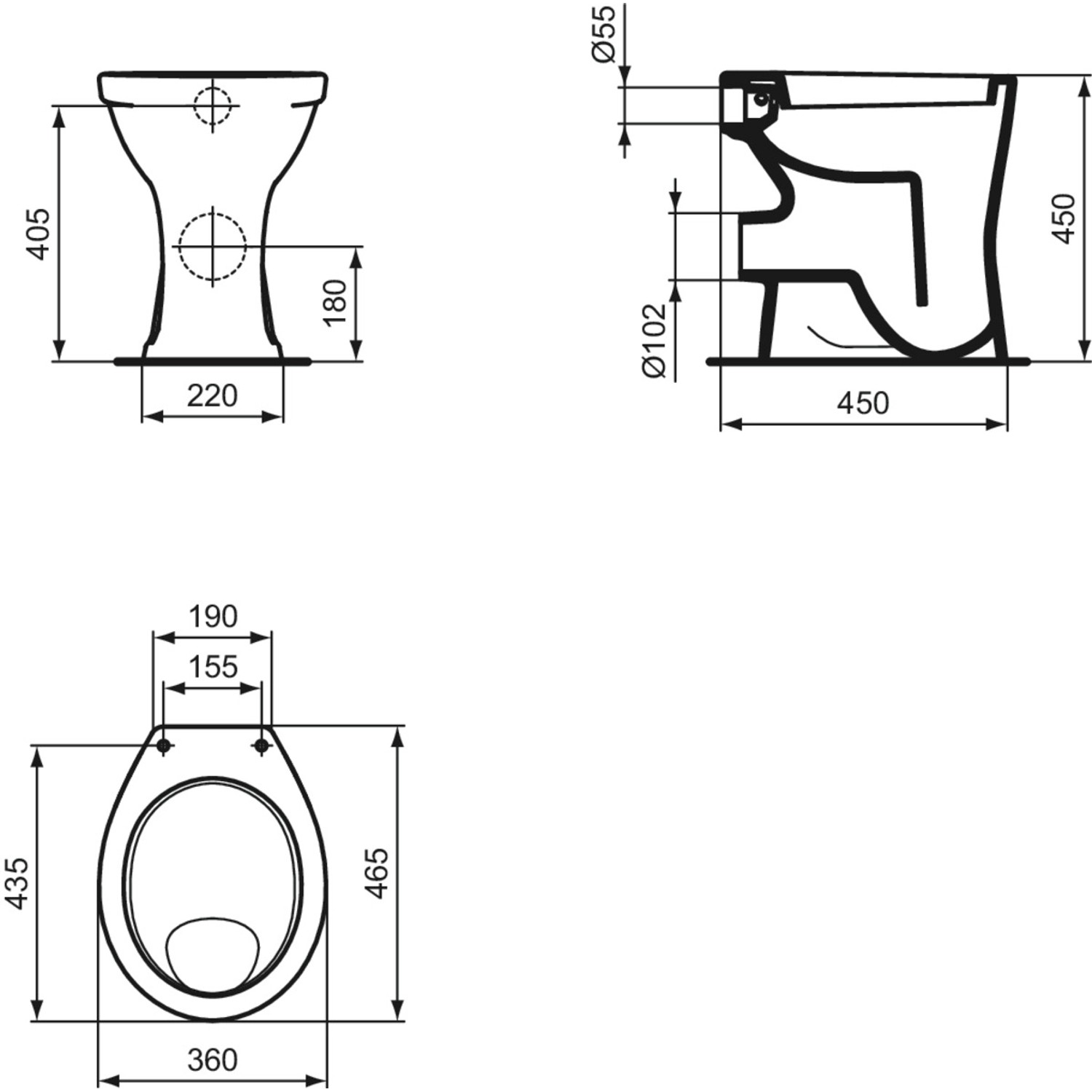 Technische Zeichnung: Ideal Standard Stand-WC Eurovit, Maße und Details für Installation.