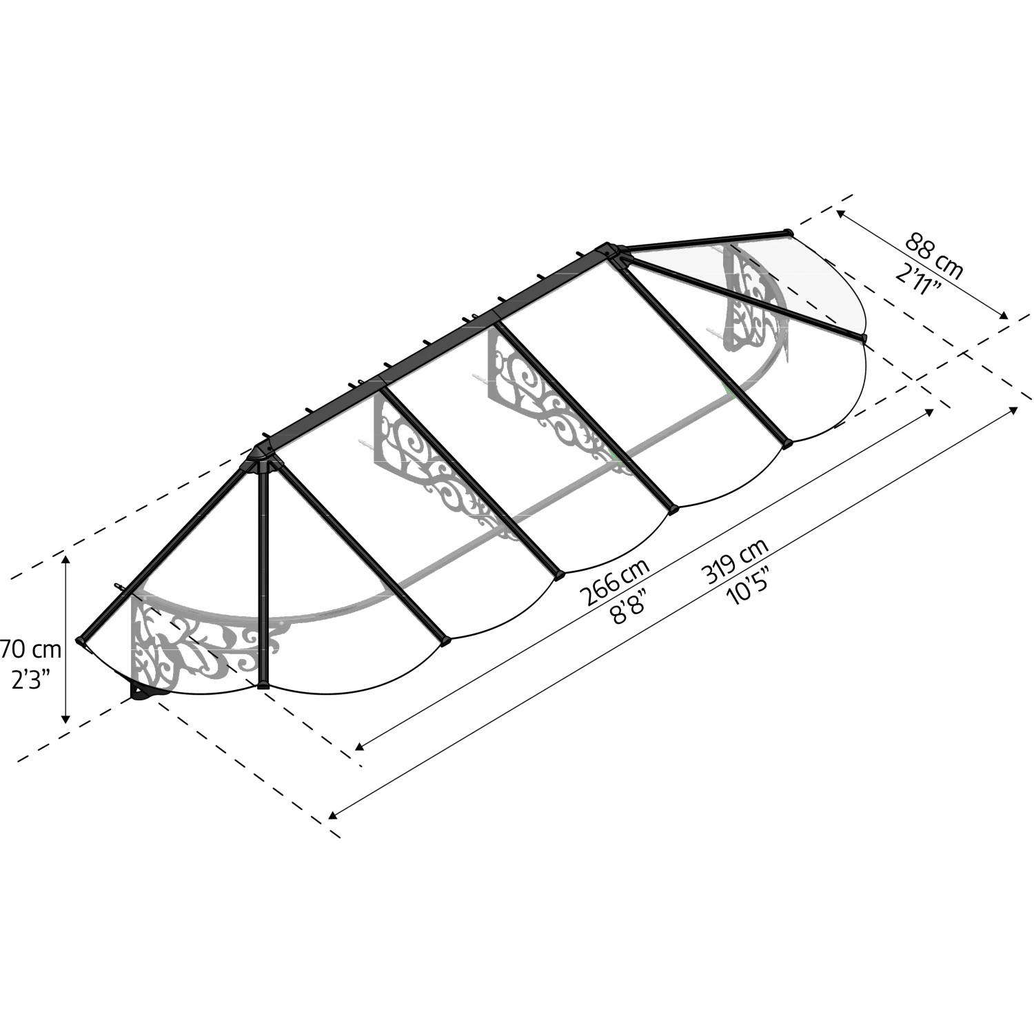 Technische Zeichnung: Palram-Canopia Vordach Lily XL, 319x0,9 m, schwarz, klare Paneele mit Maßangaben.