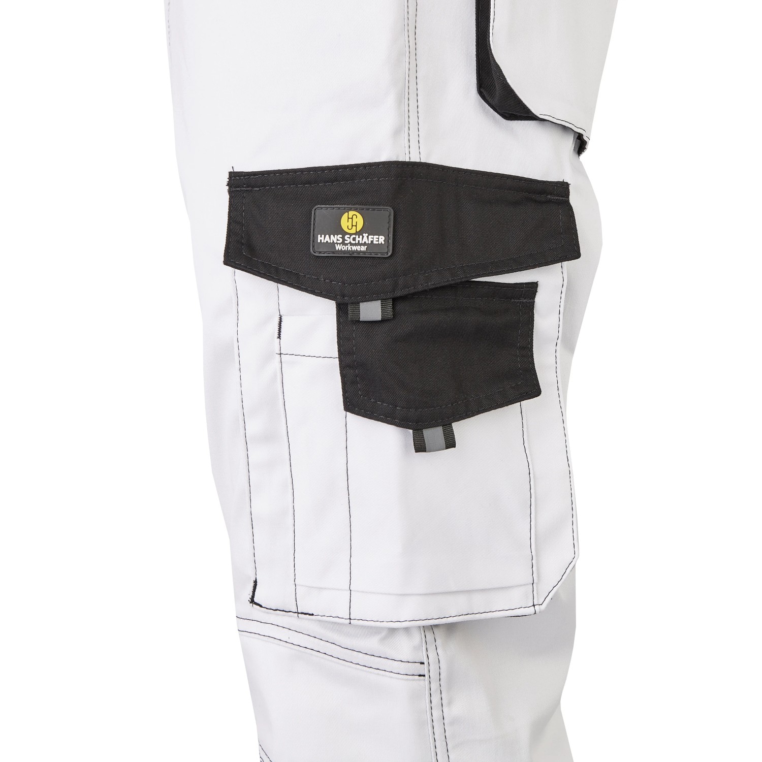 Detailaufnahme: Hans Schäfer Workwear Bundhose Argos, Gr. 48, weiß-schwarz, mit Tasche.