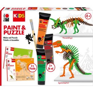 Marabu Little Artist Set Paint & Puzzle DINO mit Farben, Pinsel und 3D Holzpuzzle (Triceratops, Spinosaurus).