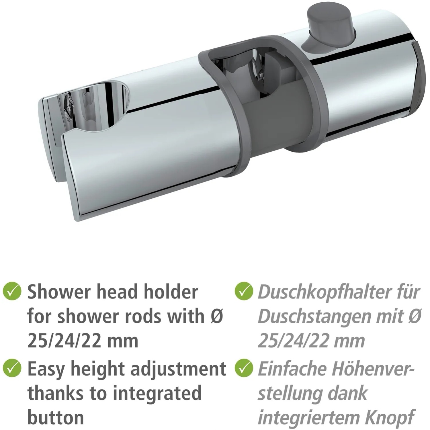 Duschkopfhalter Aus Chrom – Verstellbar Für 15–30 Mm Gleitstangen, 360° Drehbar, Mit Rutschfester Einlage