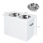 Weißer PawHut Fressnapf mit zwei Edelstahlnäpfen und Stauraum. Erhöhtes Design für Hunde & Katzen.