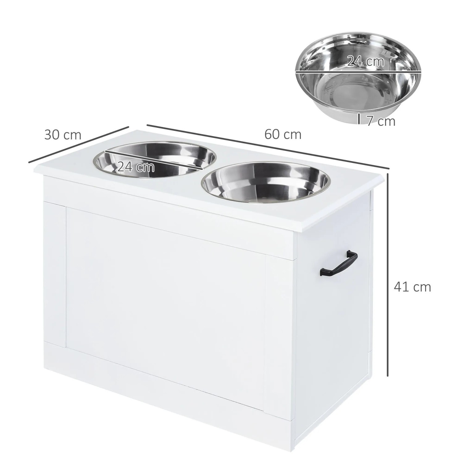 Weißer PawHut Fressnapf mit zwei Edelstahlnäpfen und Stauraum. Erhöhtes Design für Hunde & Katzen.