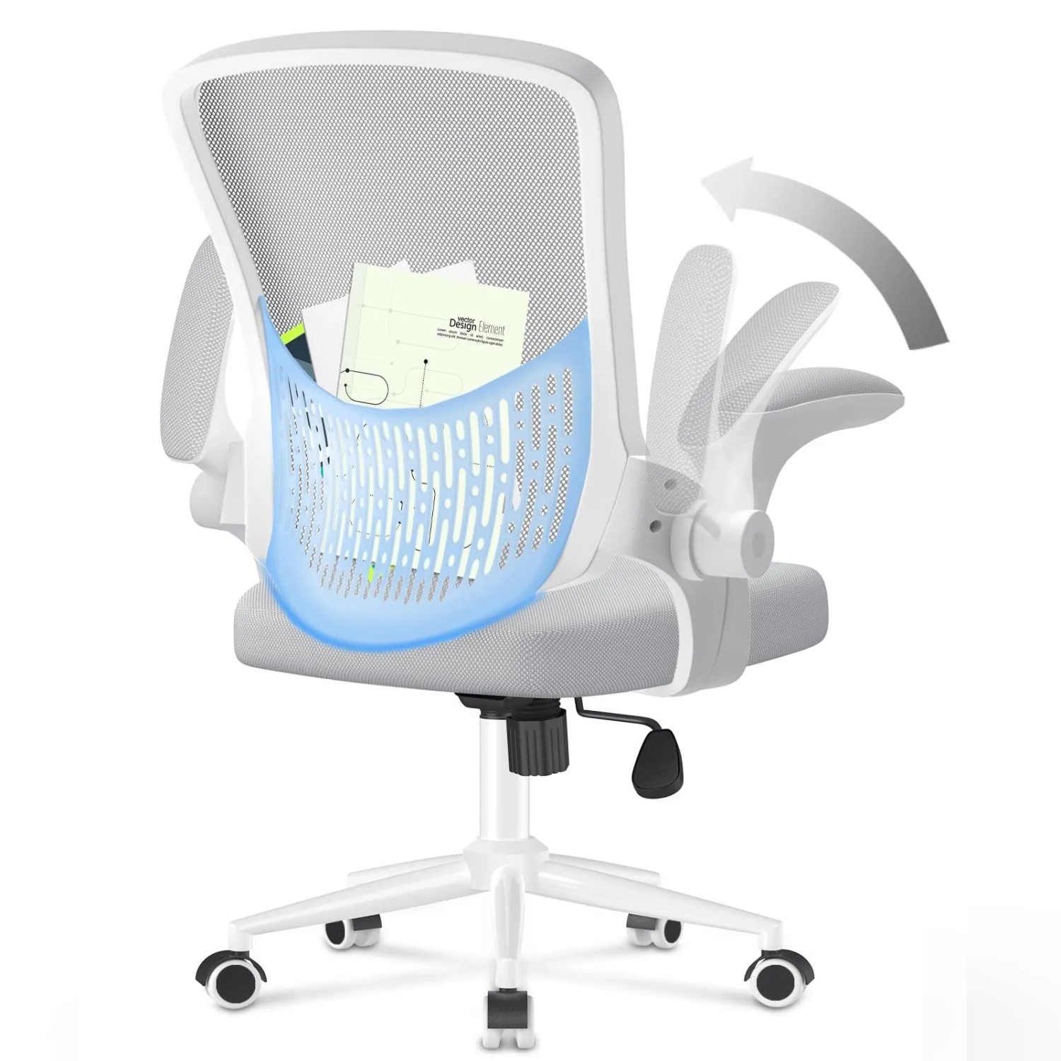 Rattantree Ergonomischer Bürostuhl mit Klapparmlehnen Mid Back Mesh Lendenstütze Höhenverstellbar und Aufbewahrungsfach Grau