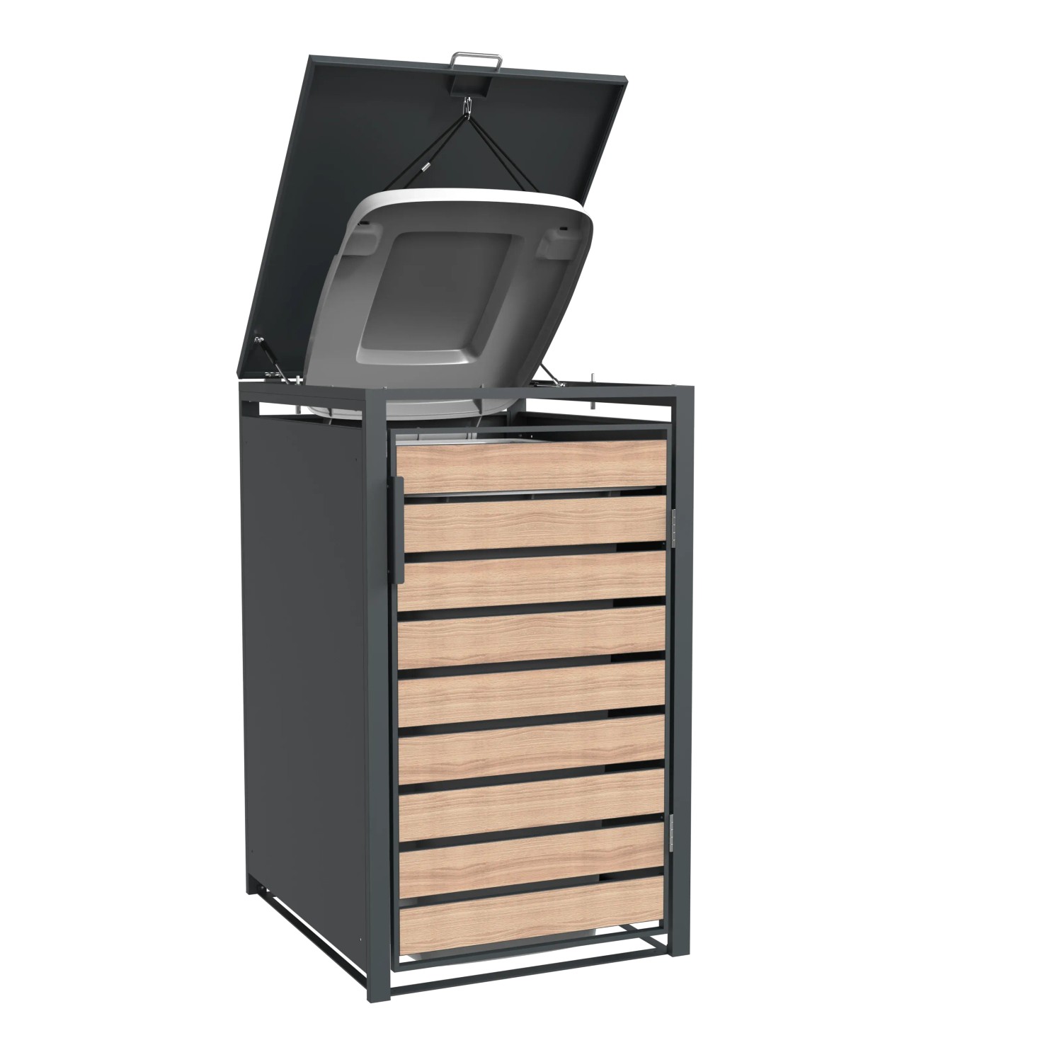 Westmann Mülltonnenbox Lacina für 240L Tonne, anthrazitfarbener Stahlkorpus mit Holzoptik, Deckel geöffnet.