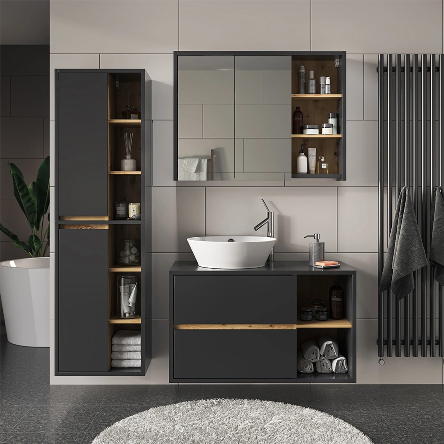 Vicco Badspiegelschrank Viola in Anthrazit/Eiche (100x75 cm) mit Spiegeltüren und Ablagefächern.