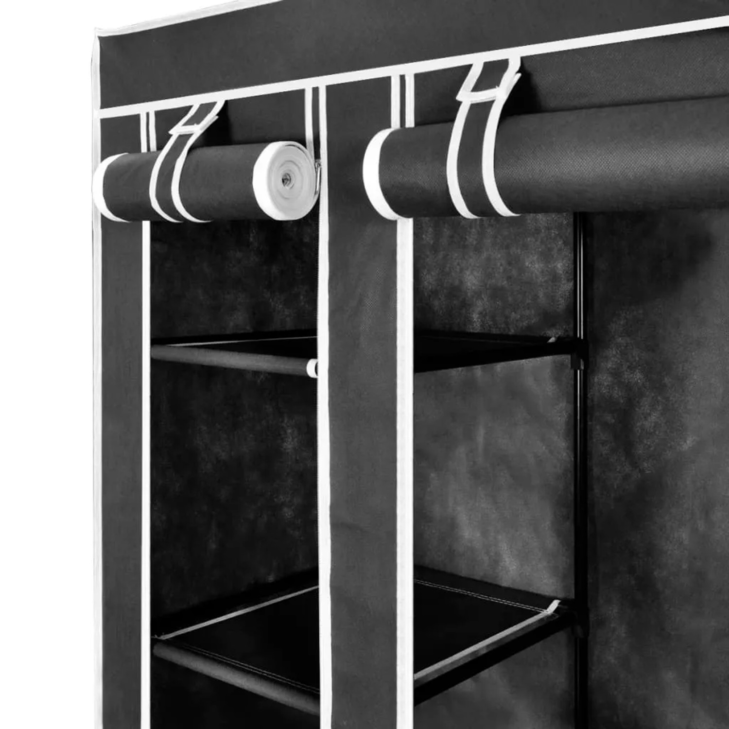Schwarzer Stoffschrank mit Fächern und Kleiderstangen von vidaXL, 45x150x176 cm.