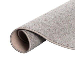Gerollter, runder Snapstyle Natur Teppich aus Wolle, Berber-Optik in Grau, 133cm Durchmesser.