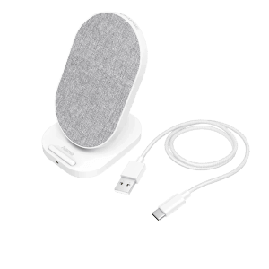 Hama QI-FC10S-Fab Wireless Charger, weiße Smartphone-Ladestation mit USB-Kabel.