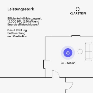 Grundriss: Klarstein Metrobreeze New York Smart 12k Klimaanlage kühlt Räume von 35-59 m².